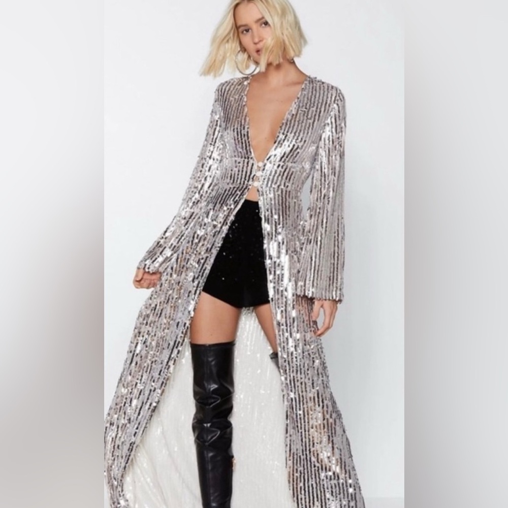 Nasty Gal Silver Sequin Longline Duster Coat